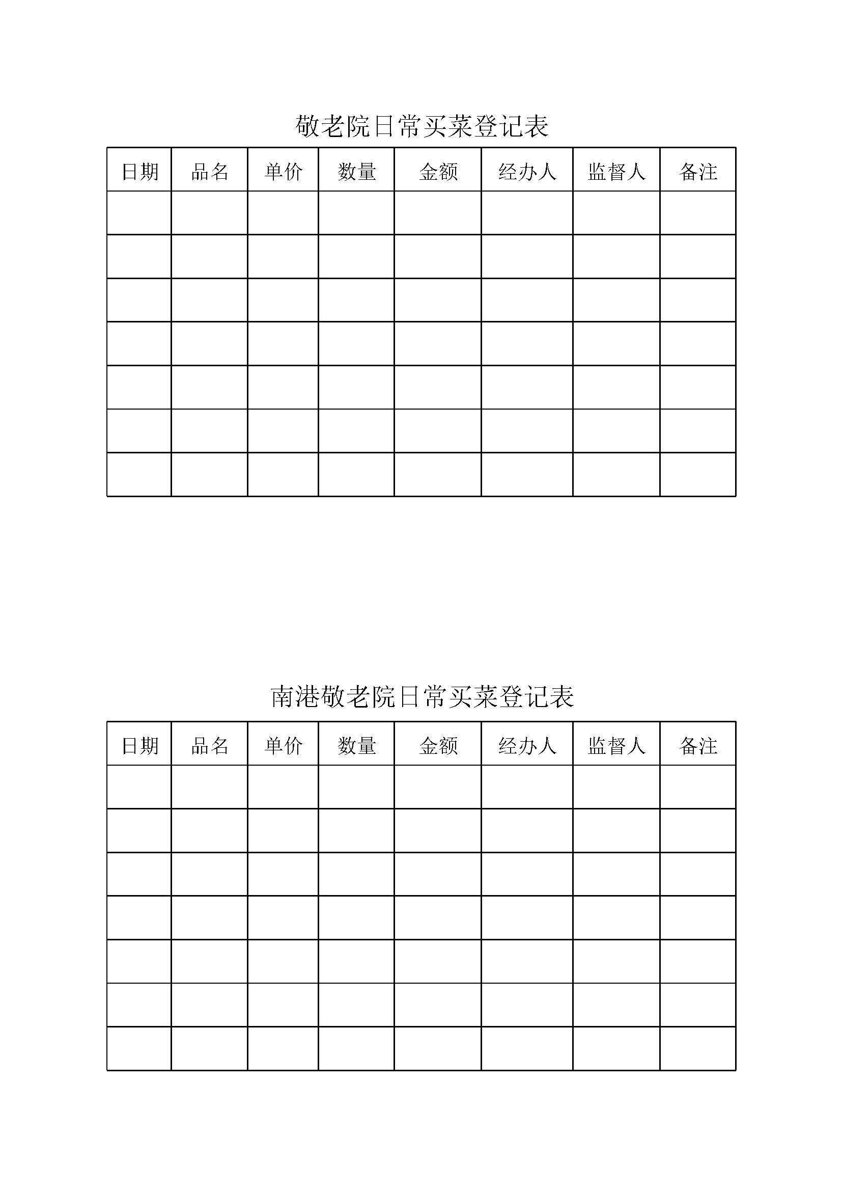 敬老院买菜登记表