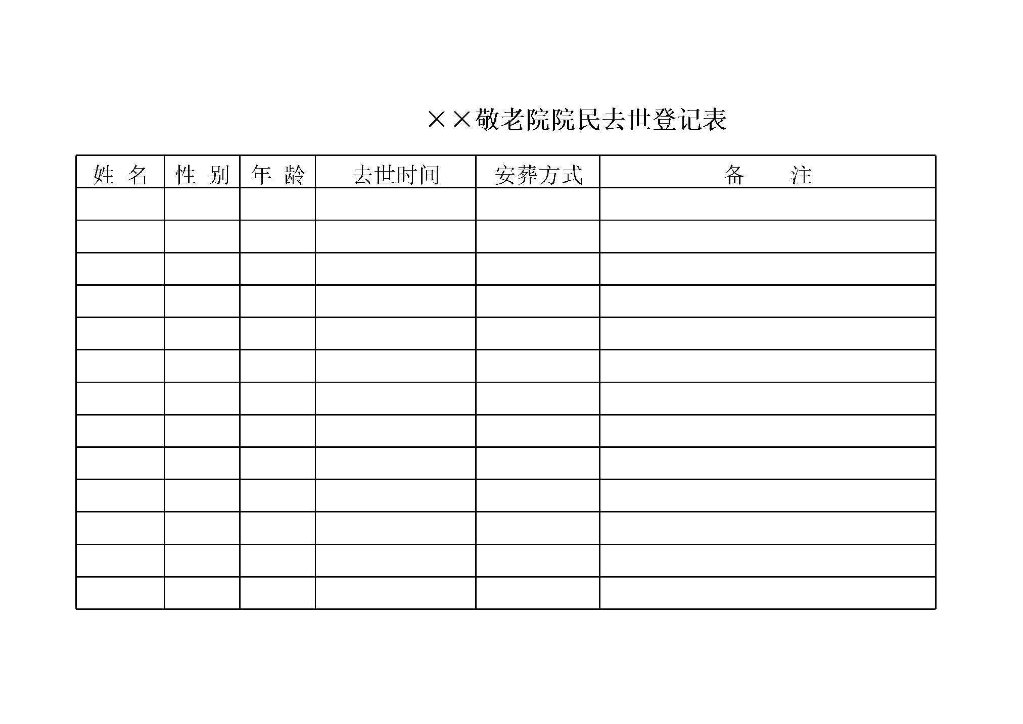 敬老院院民去世登记表
