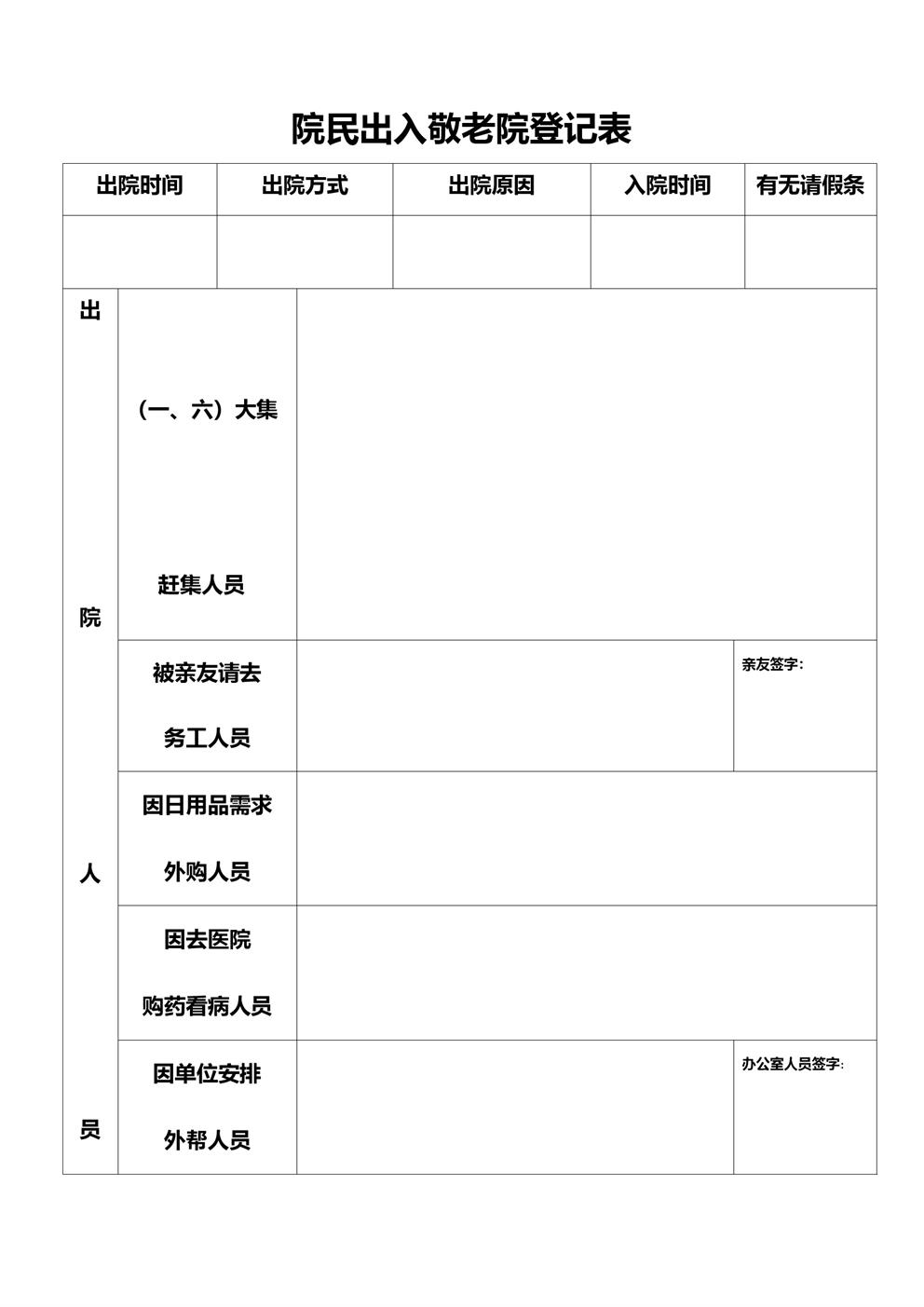 院民出入敬老院登记表