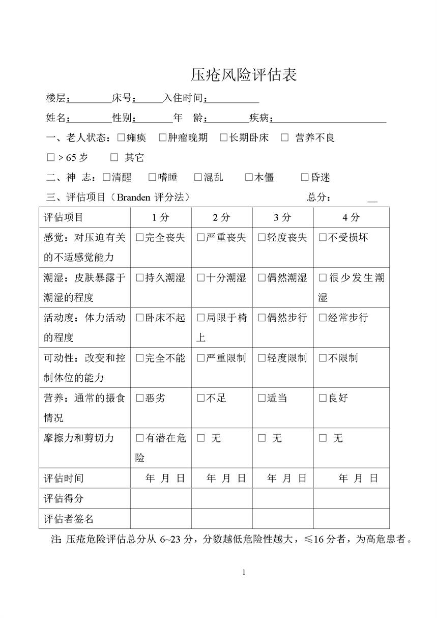 4.2.3.13压疮风险评估表及预防措施